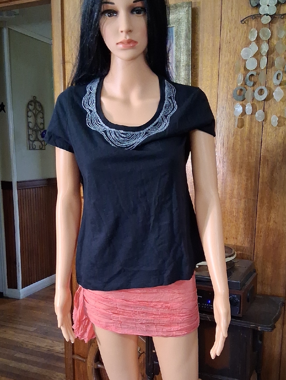 St. John's Bay Black Short-Sleeve Tee with Beaded Neck Embellishment